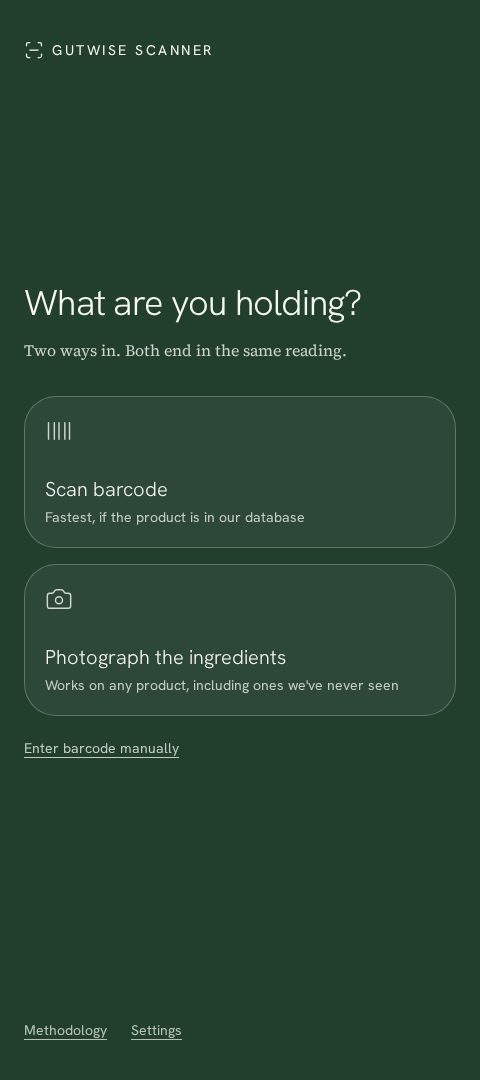 GutWise scanner start screen asking What are you holding